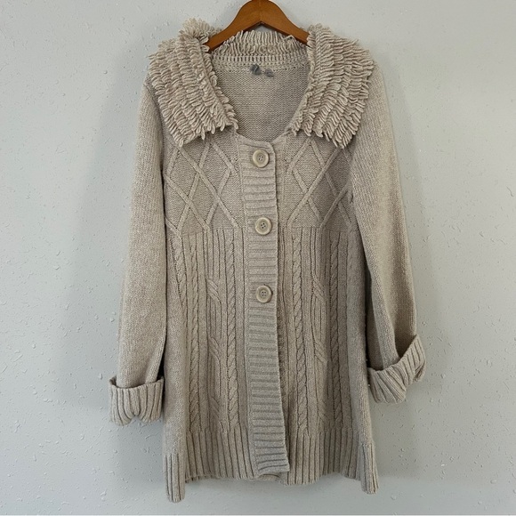 Caslon Cream Wool Blend Fringe Collar Cardigan Jacket 70s Fall XL Casual - Picture 1 of 6